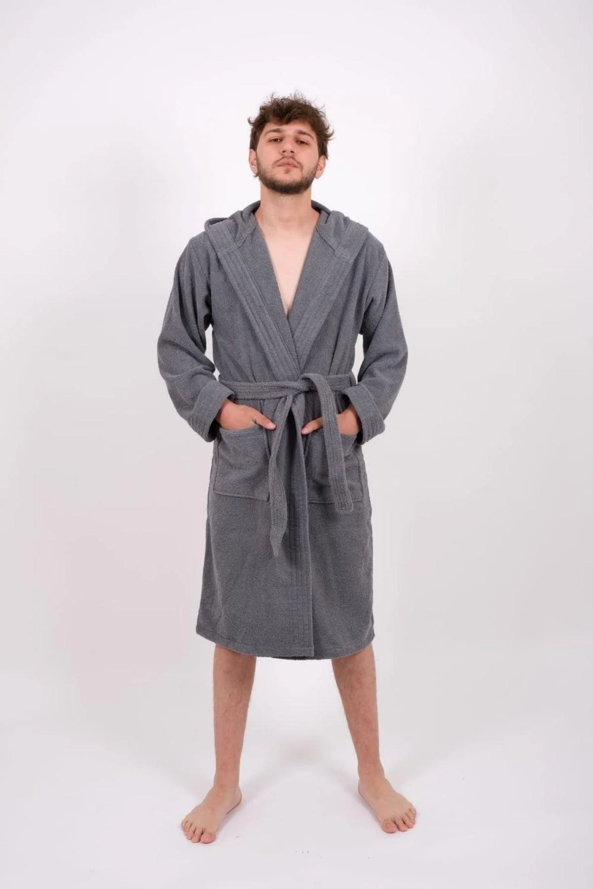 Large hooded cotton bathrobe in gray with high absorbency