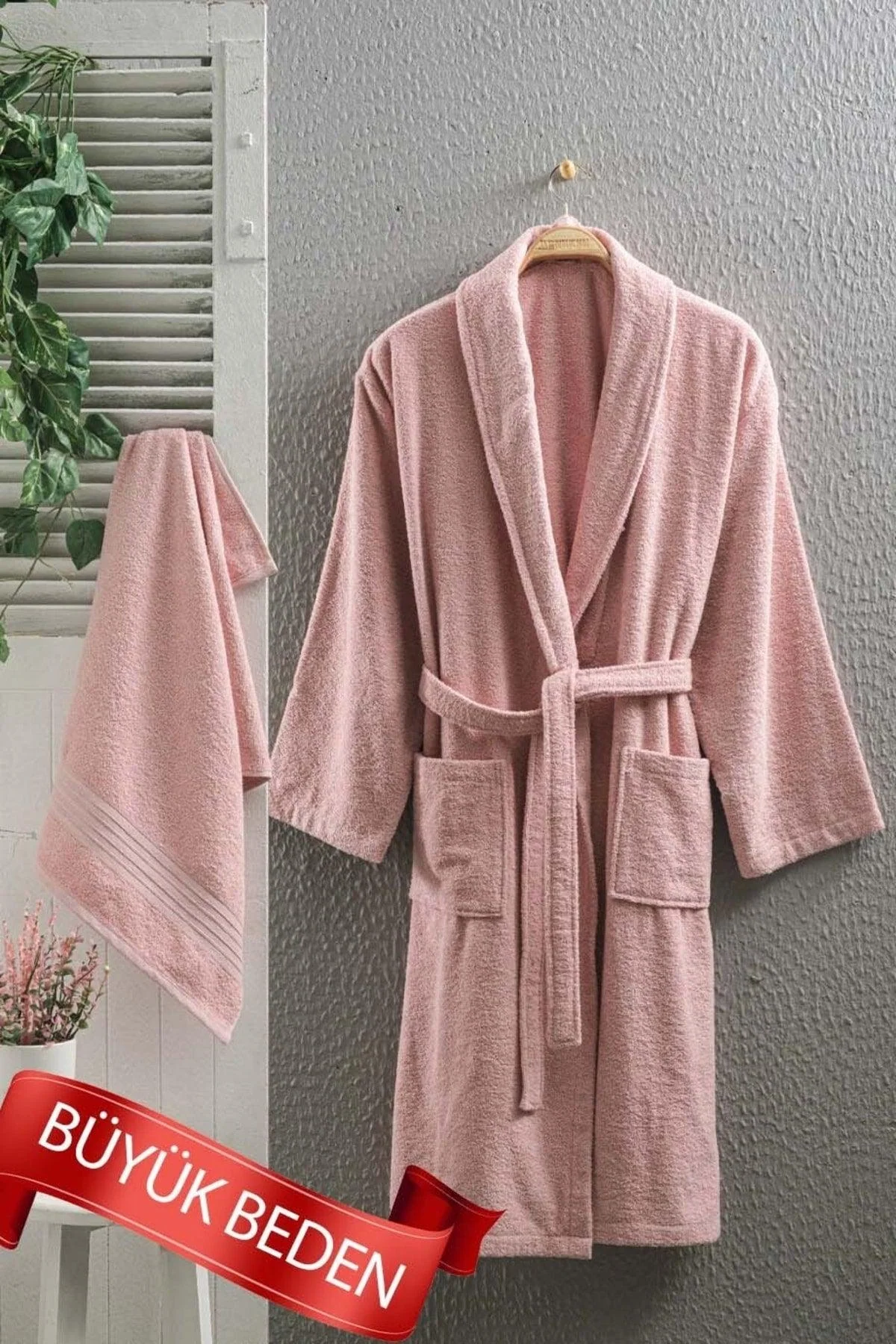 Large cotton bathrobe set with matching hair towel