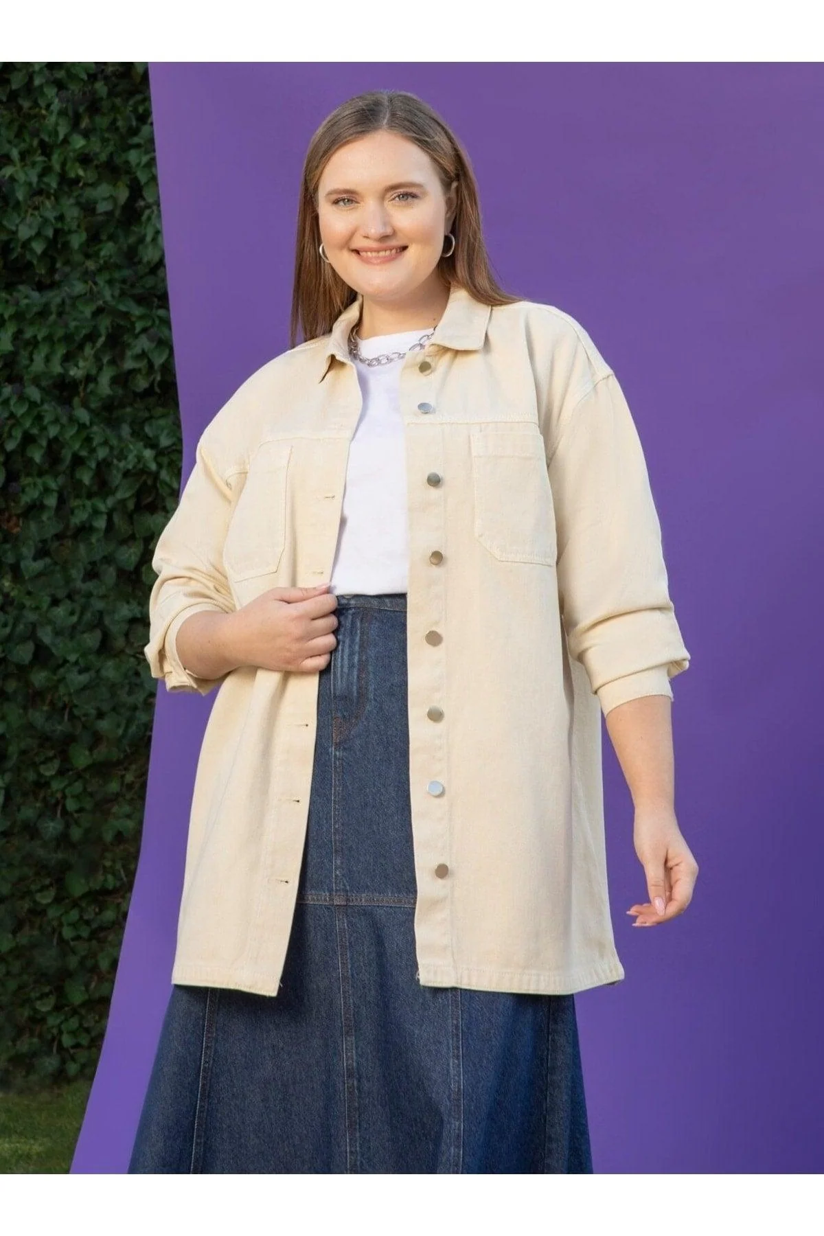 Ecru oversized denim jacket with button details large size