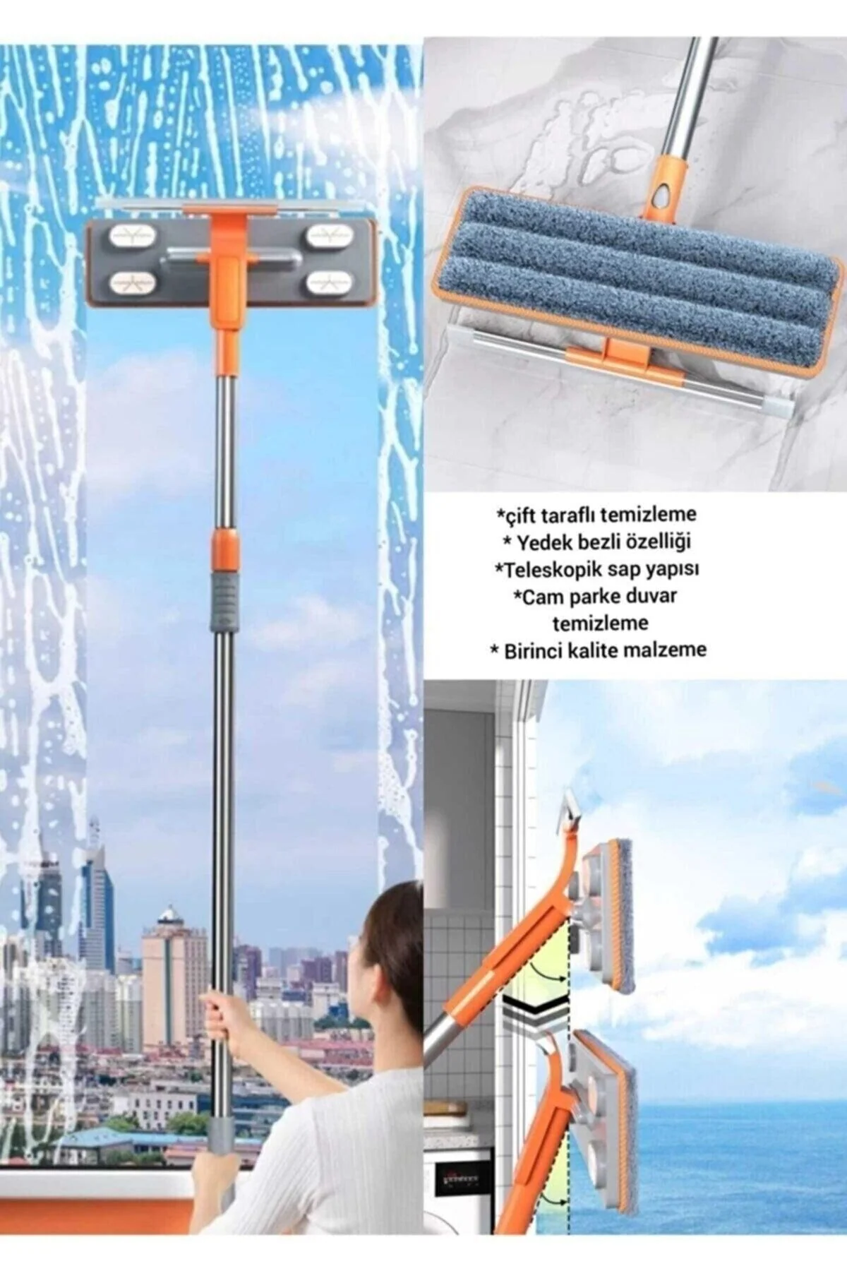 Telescopic microfiber window wiper with rubber scraper