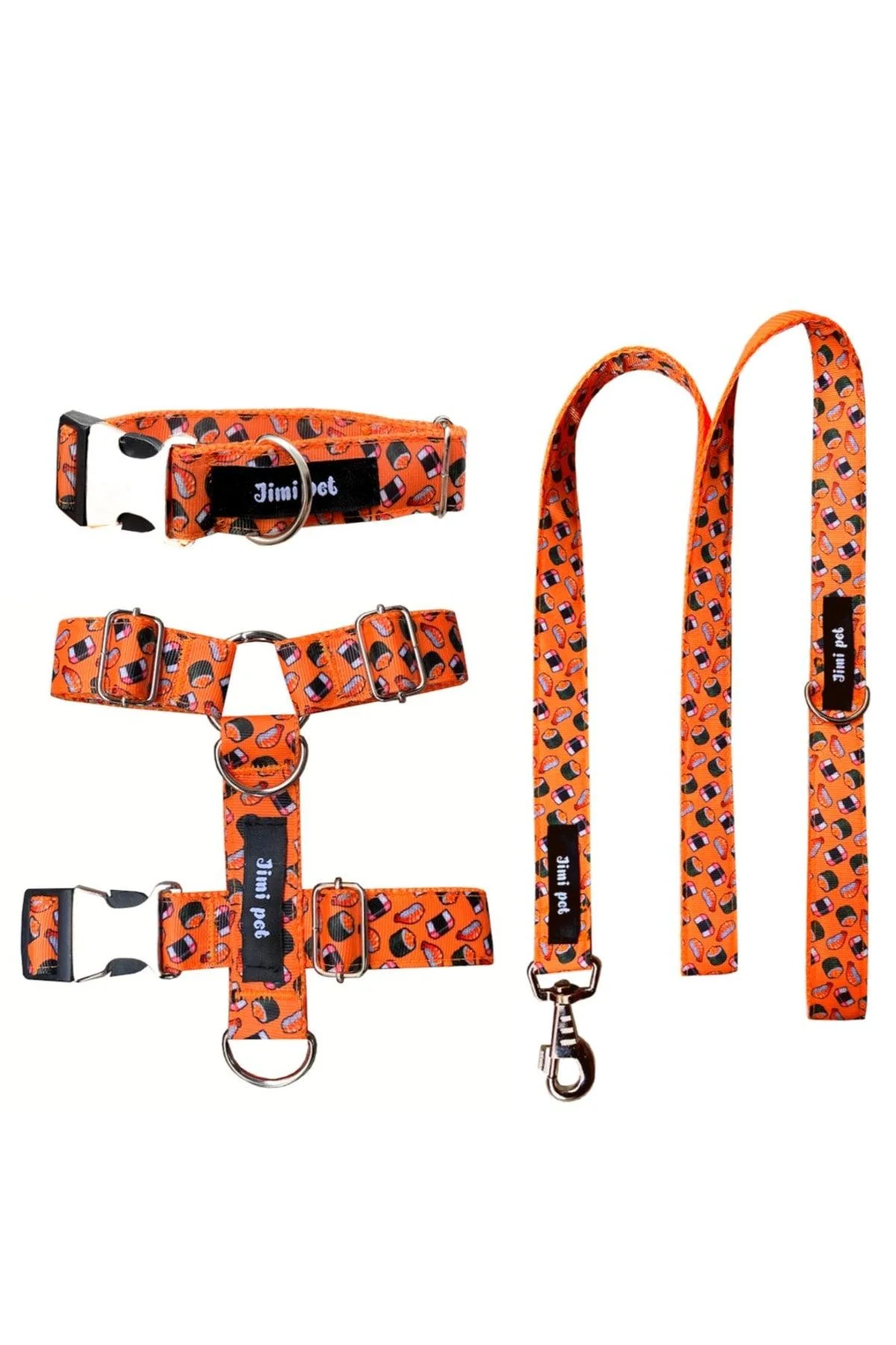 Sushi-themed dog leash set with secure lock and metal hardware