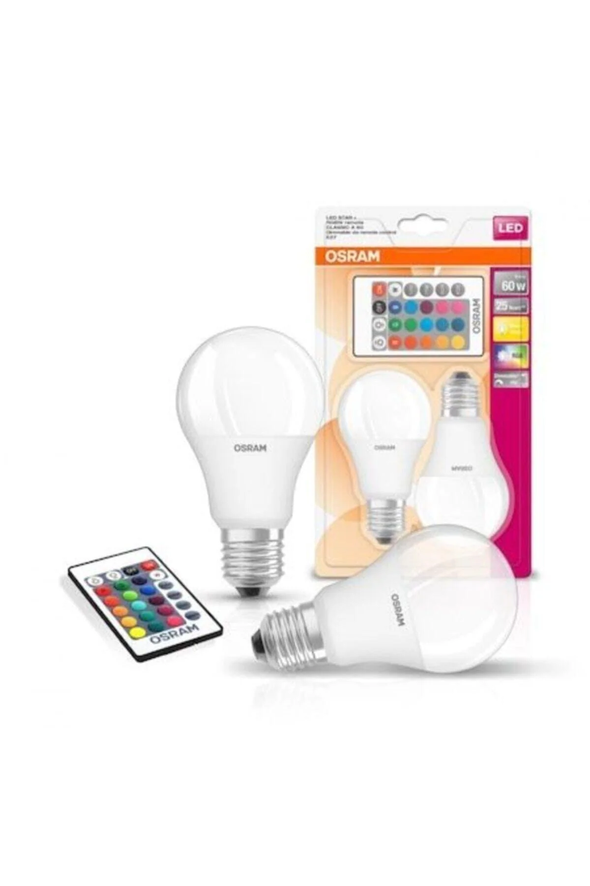 Remote-controlled color-changing LED bulb set of 2 with warm yellow light