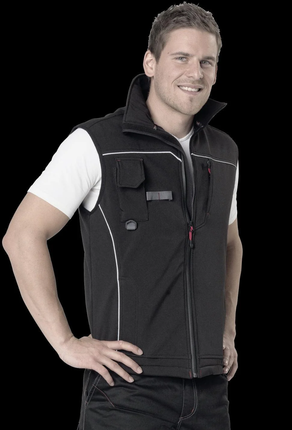 High-visibility softshell vest with multiple storage pockets