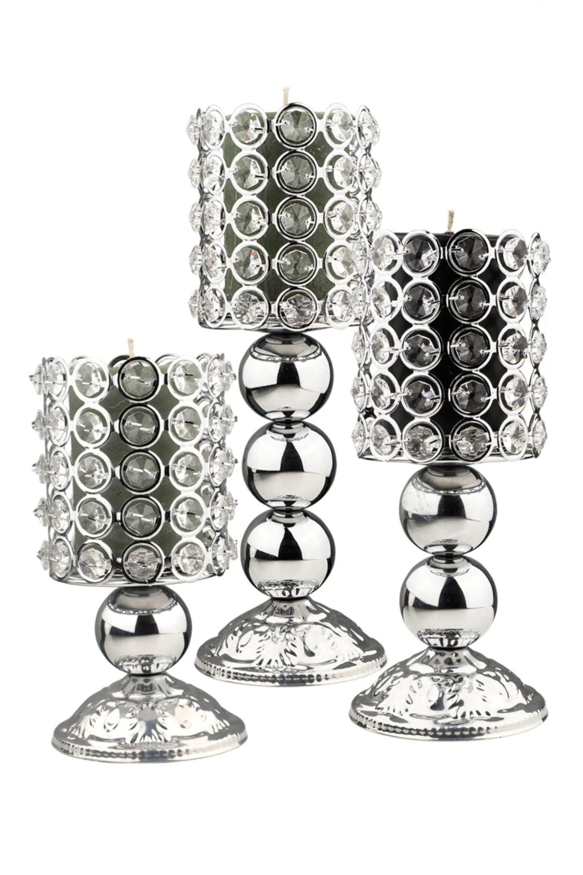 Chrome crystal candle holder set with 3 pieces in varying sizes