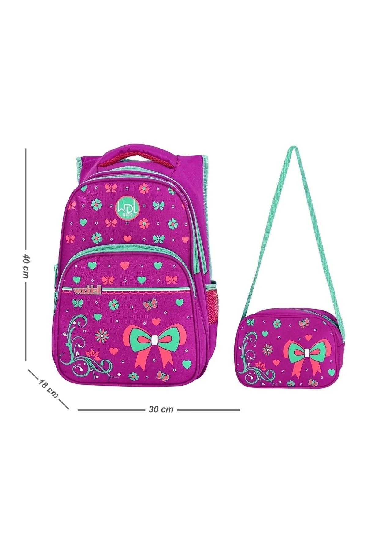 Fuchsia bowtie pattern primary school backpack