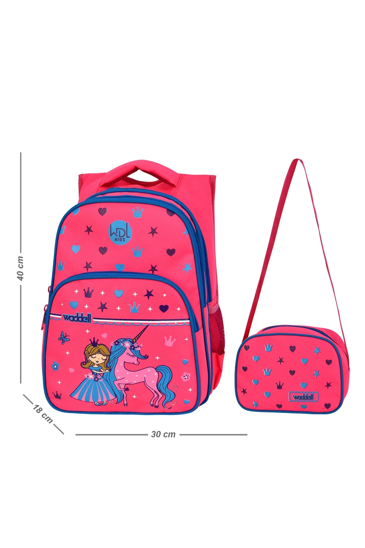 Pink princess patterned primary school backpack and lunch box set