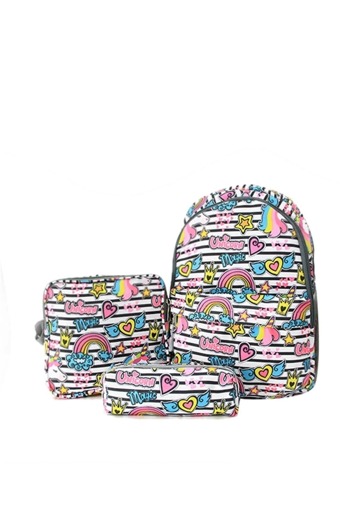 Unicorn line patterned triple school bag set with lunch box and pen holder