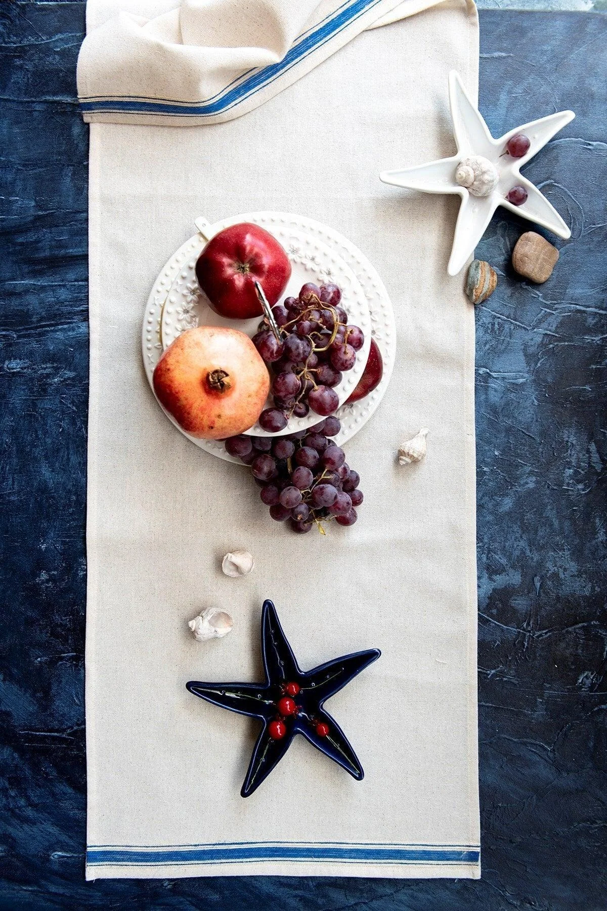 Blue striped linen table runner 40 x 150 cm