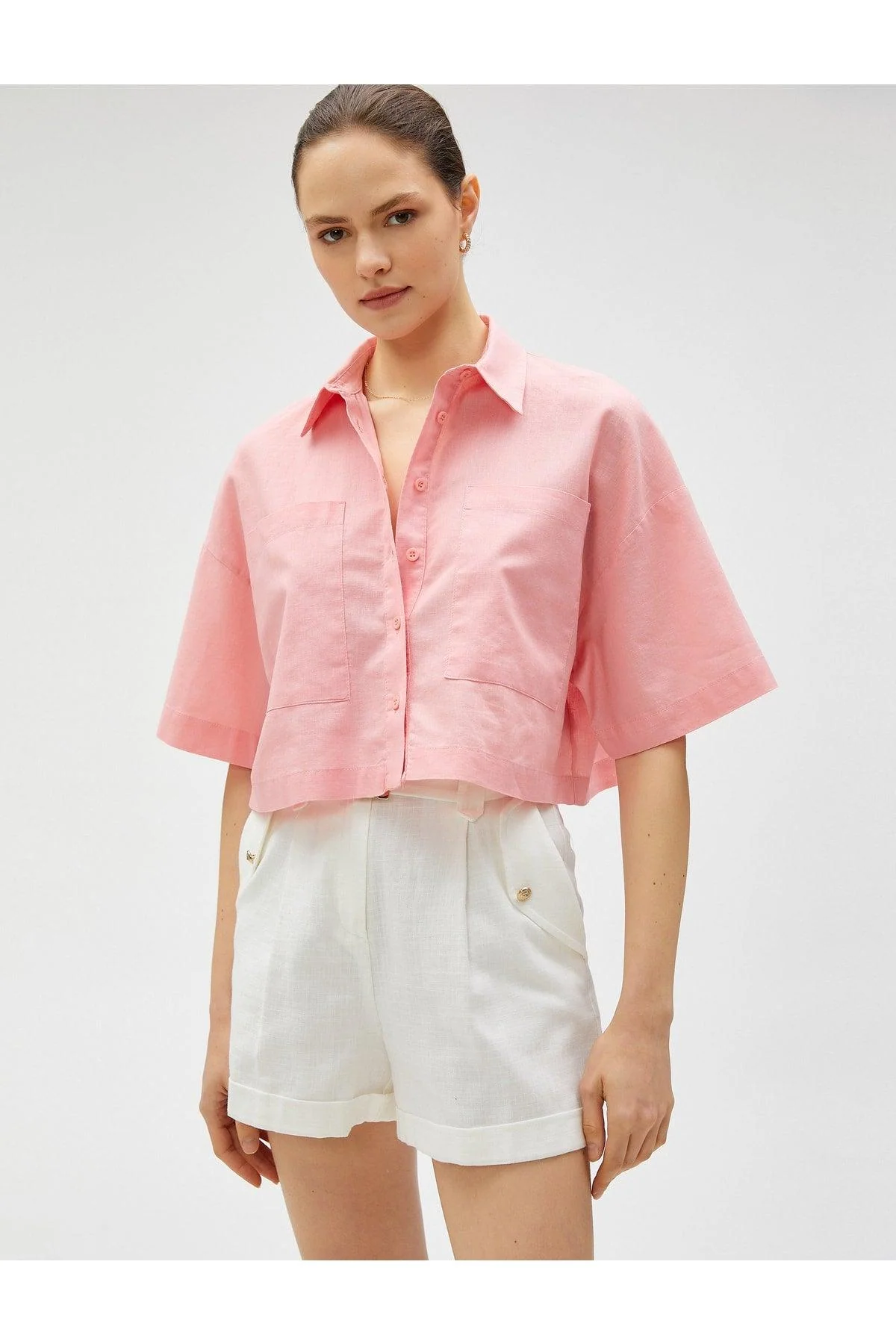 Oversized linen blend cropped shirt