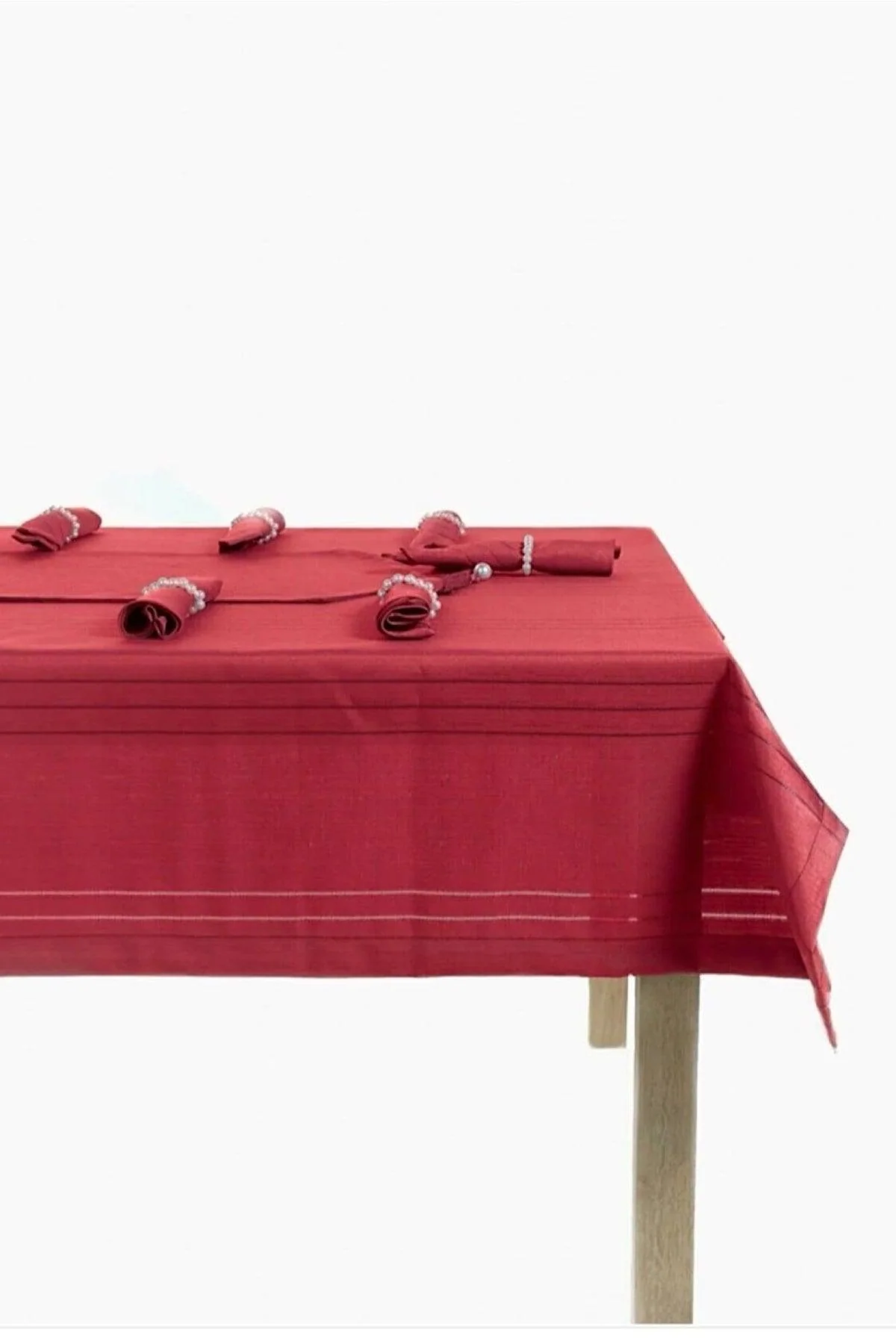 Red striped linen-look tablecloth 160 x 220 cm