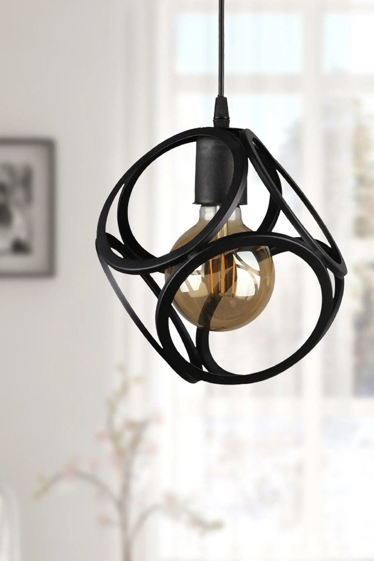 Black Single Chandelier with Metal Finish and Electrostatic Paint - Ready to Hang