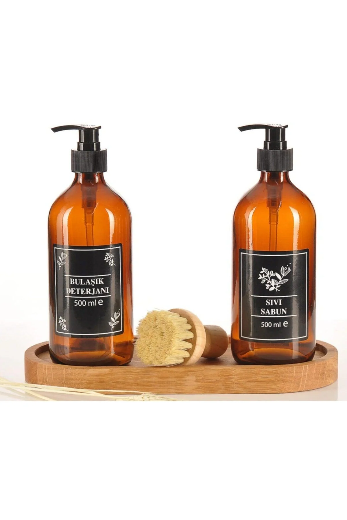 Amber glass liquid soap dispenser set with stand and brush