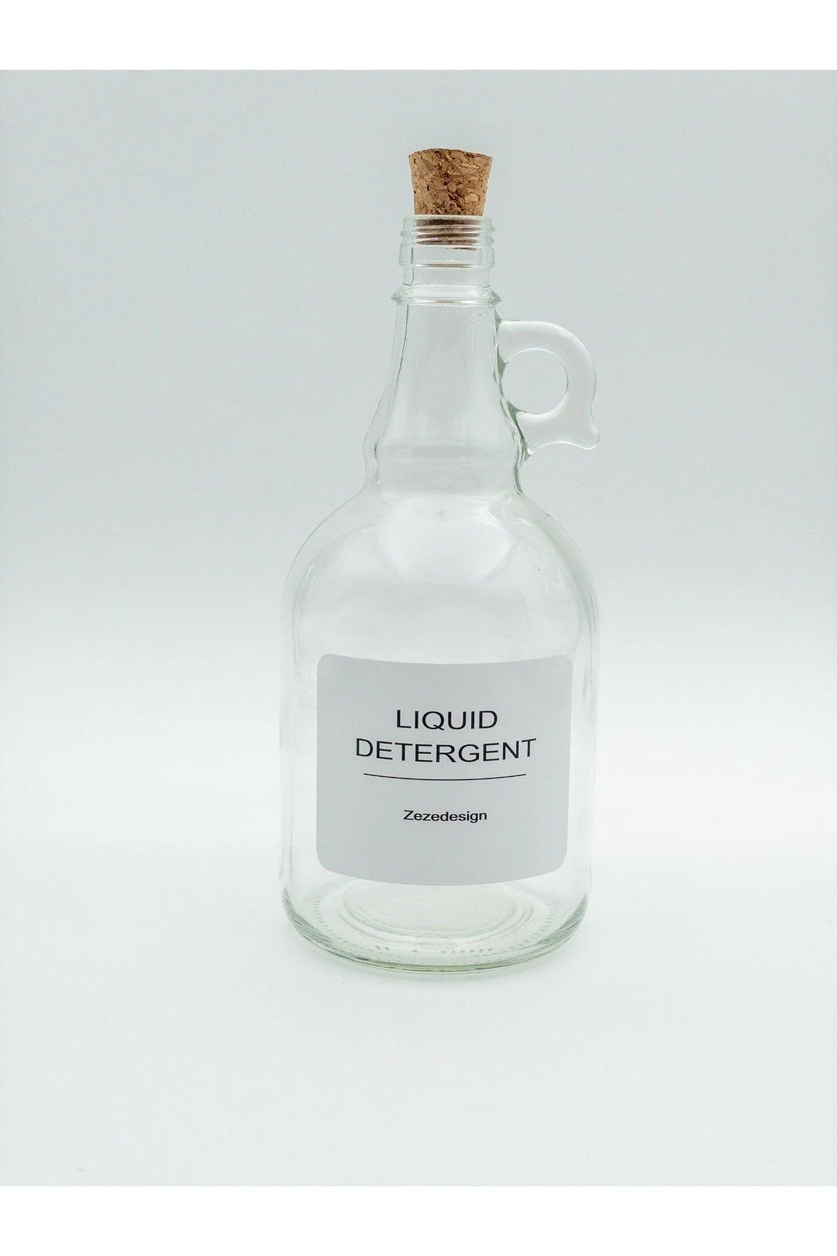 1-liter glass liquid detergent bottle with cork stopper and waterproof label