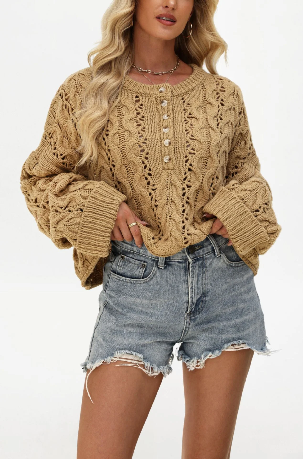 Loose Solid Color Pullover Short Knitted Button Sweater