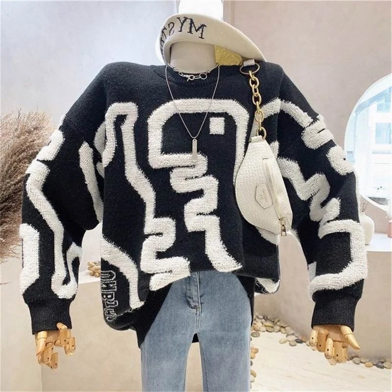 Loose Sweater Round Neck Multicolor Pullover