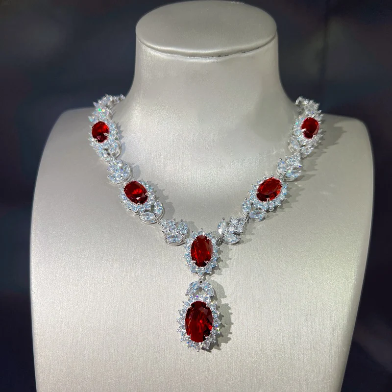 Luxury Bridal Ruby Necklace Earrings Set, Full Diamond Treasure