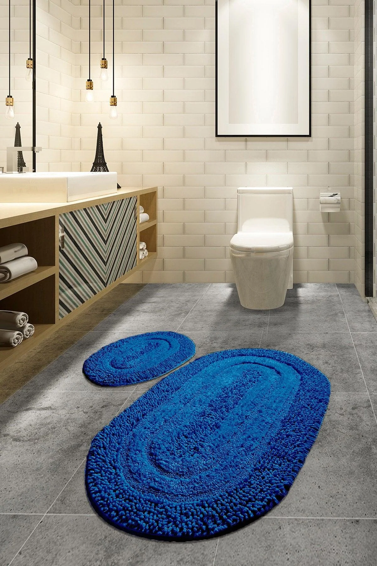 Set of 2 extra thick cotton bathroom rugs 60x100 cm with non-slip base