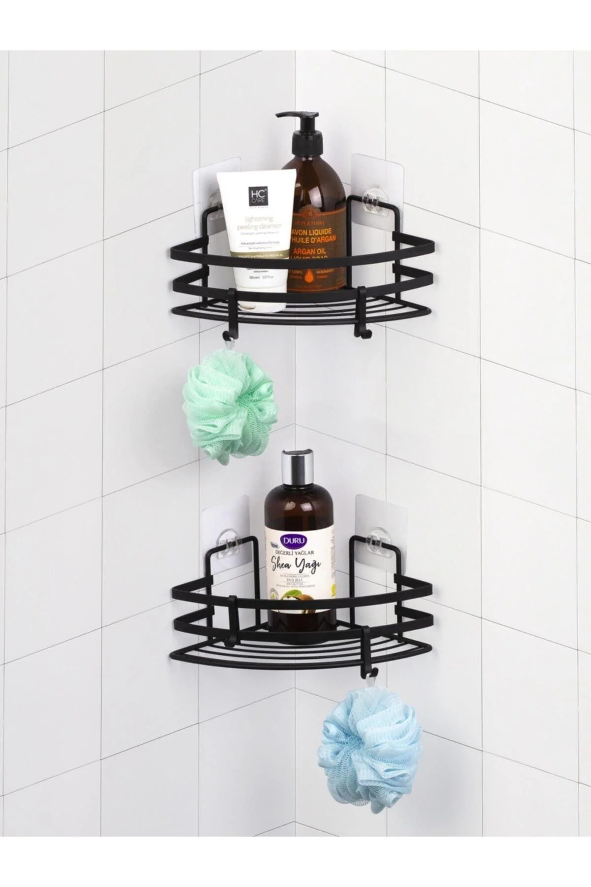 Adhesive hook set for no-drill wall mounting in triangle corner style
