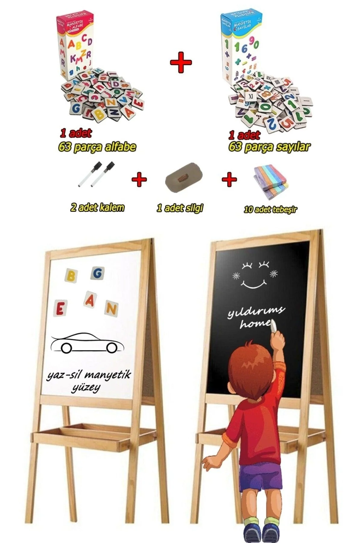 Foldable Magnetic Whiteboard and Chalkboard Set - 110x45 cm with Accessories
