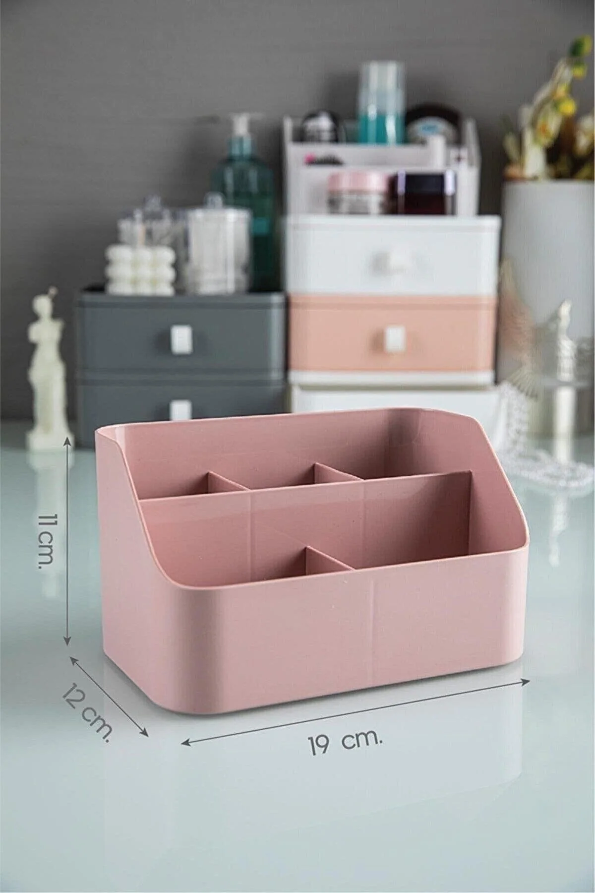 Pink makeup and cosmetics organizer box for desk or vanity
