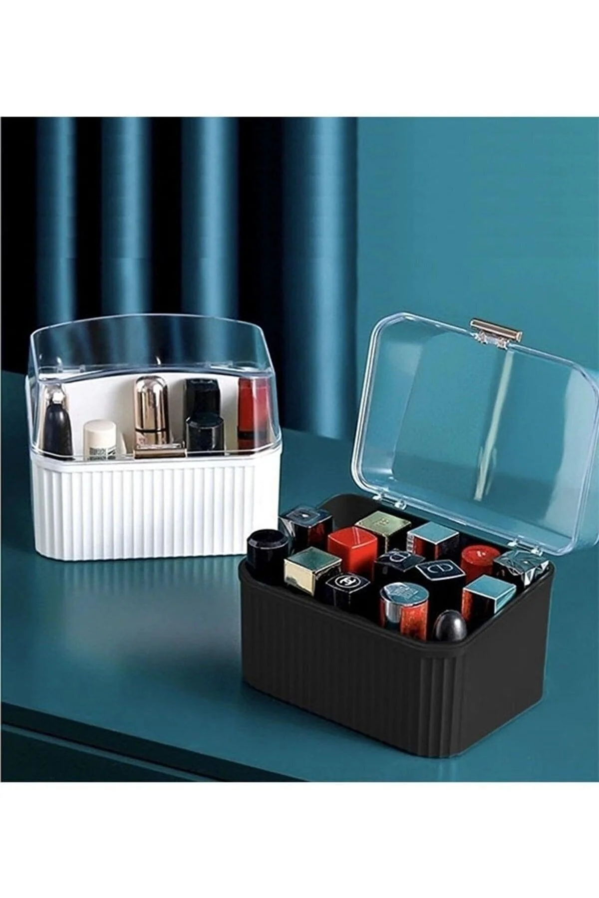 Black Makeup Organizer Box with Lid and Compartments