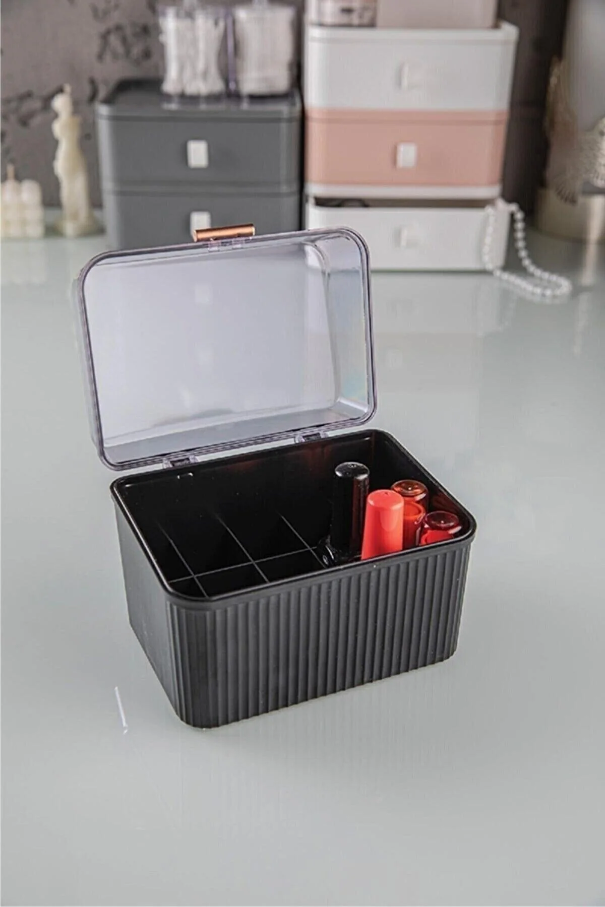Black Makeup Organizer Box with Lid and Compartments