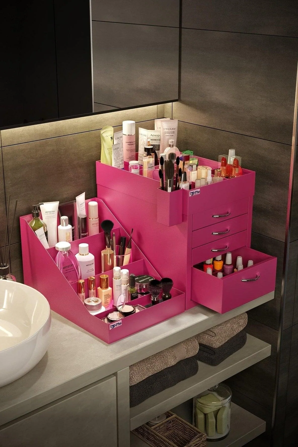 5-Layer Pink Makeup Organizer with LED Lighting - Hygienic and Rust-Resistant