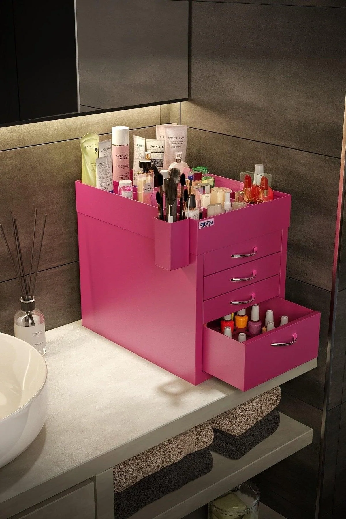 5-Layer Pink Makeup Organizer with LED Lighting - Hygienic and Rust-Resistant