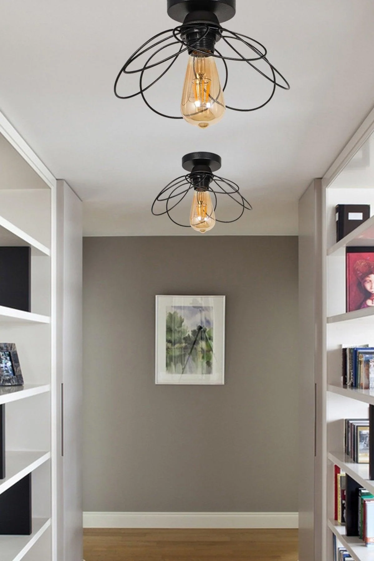 Single black metal ceiling mounted light fixture