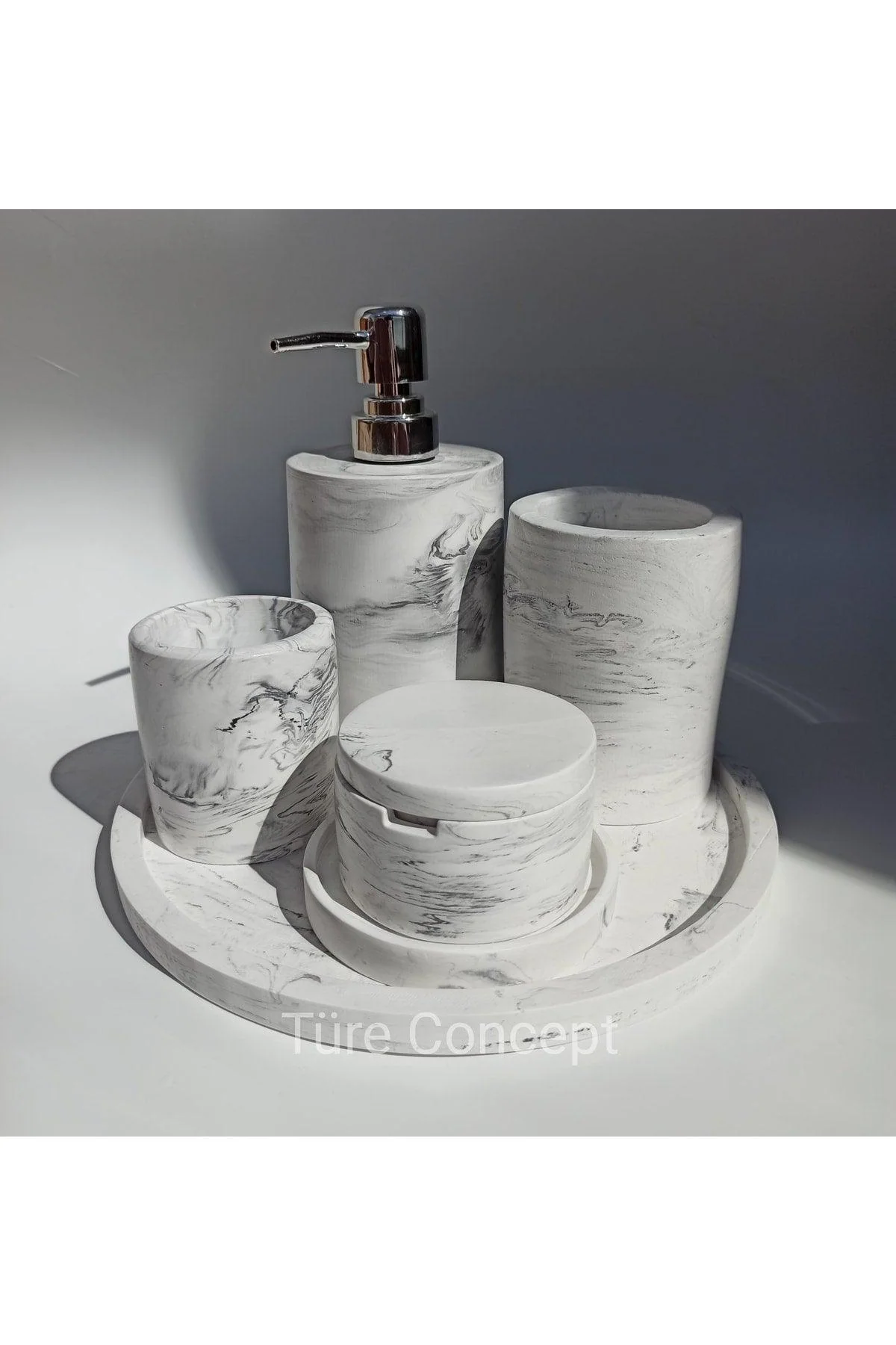 Marble‑Style Bathroom Essentials Set with Tray, Liquid Soap Dispenser, Soap Dish, Toothbrush Holder, Ear Stick Holder, and Cotton Cover