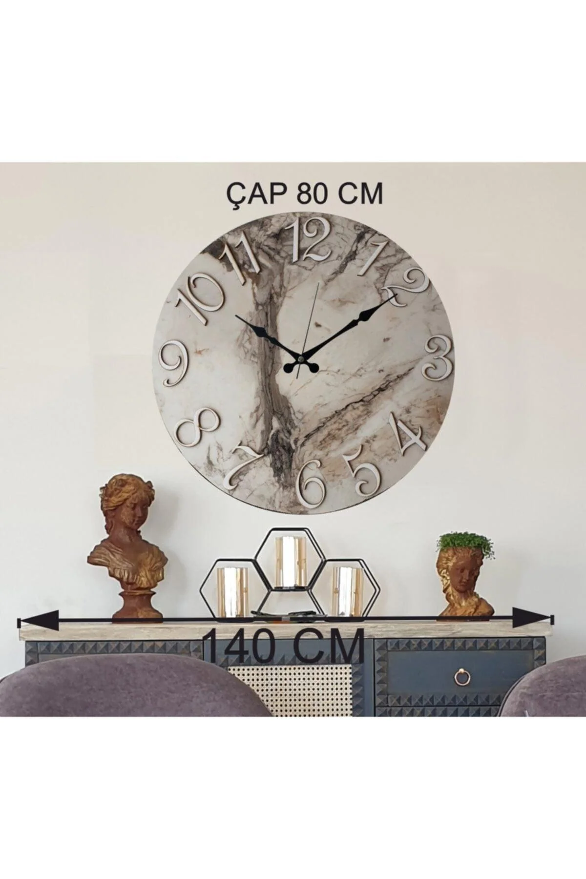 White Marble Pattern Wall Clock 80 cm - Silent Battery-Operated Decor Clock