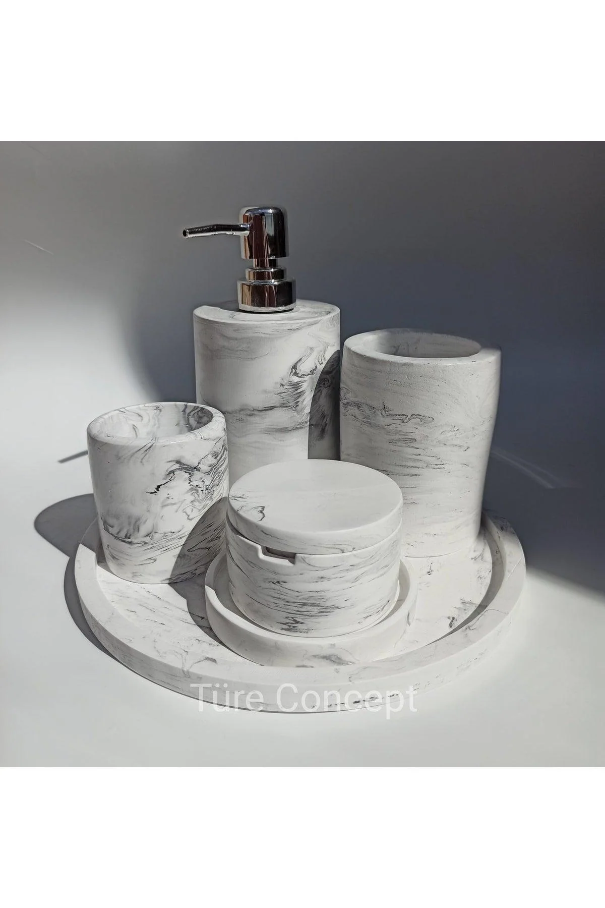 Handmade marble patterned bathroom set with tray and accessories