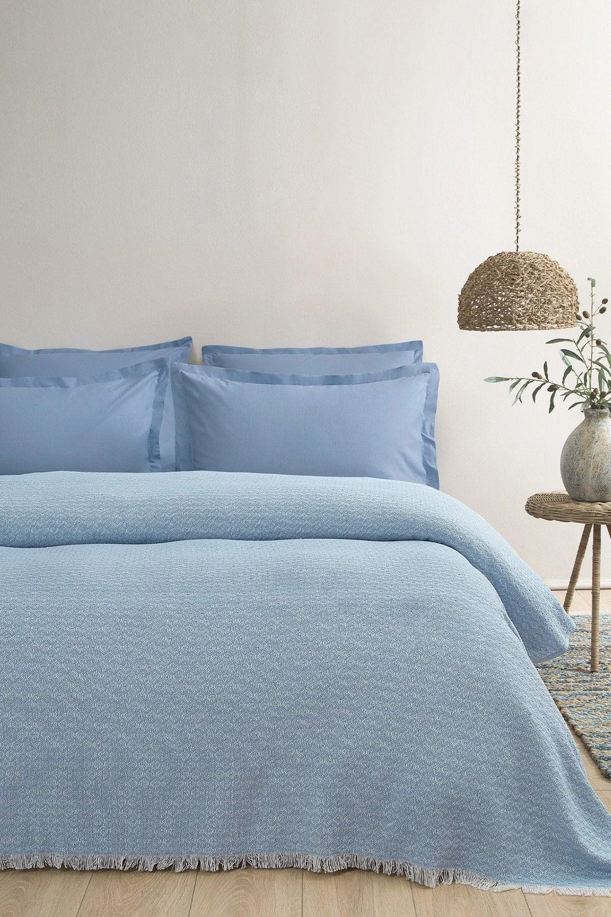 Double Pique Cotton-Polyester Bed Set in Light Blue