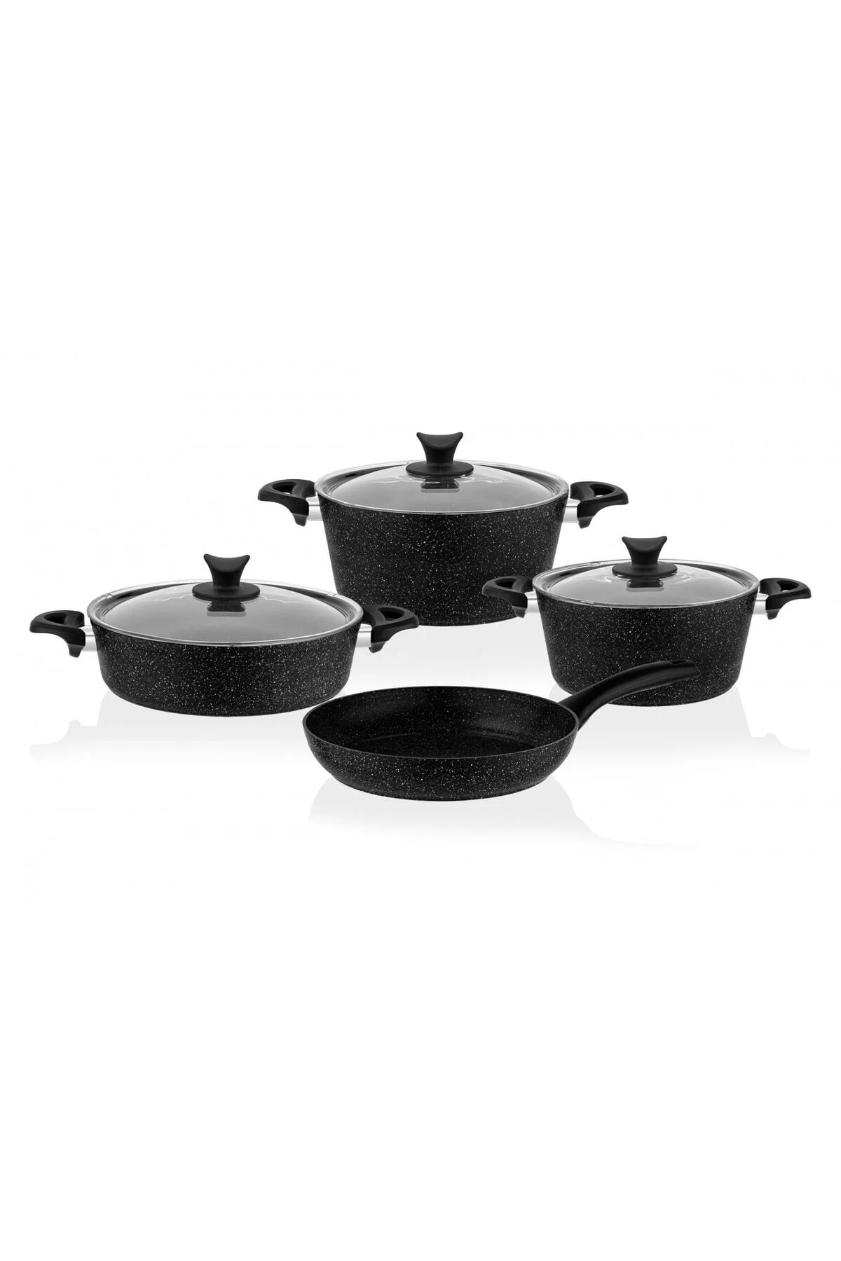 Set of seven granite cookware pieces with glass lids
