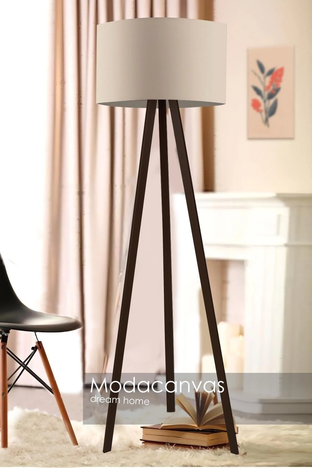 Cream and Brown MDF Floor Lamp with On-Off Switch