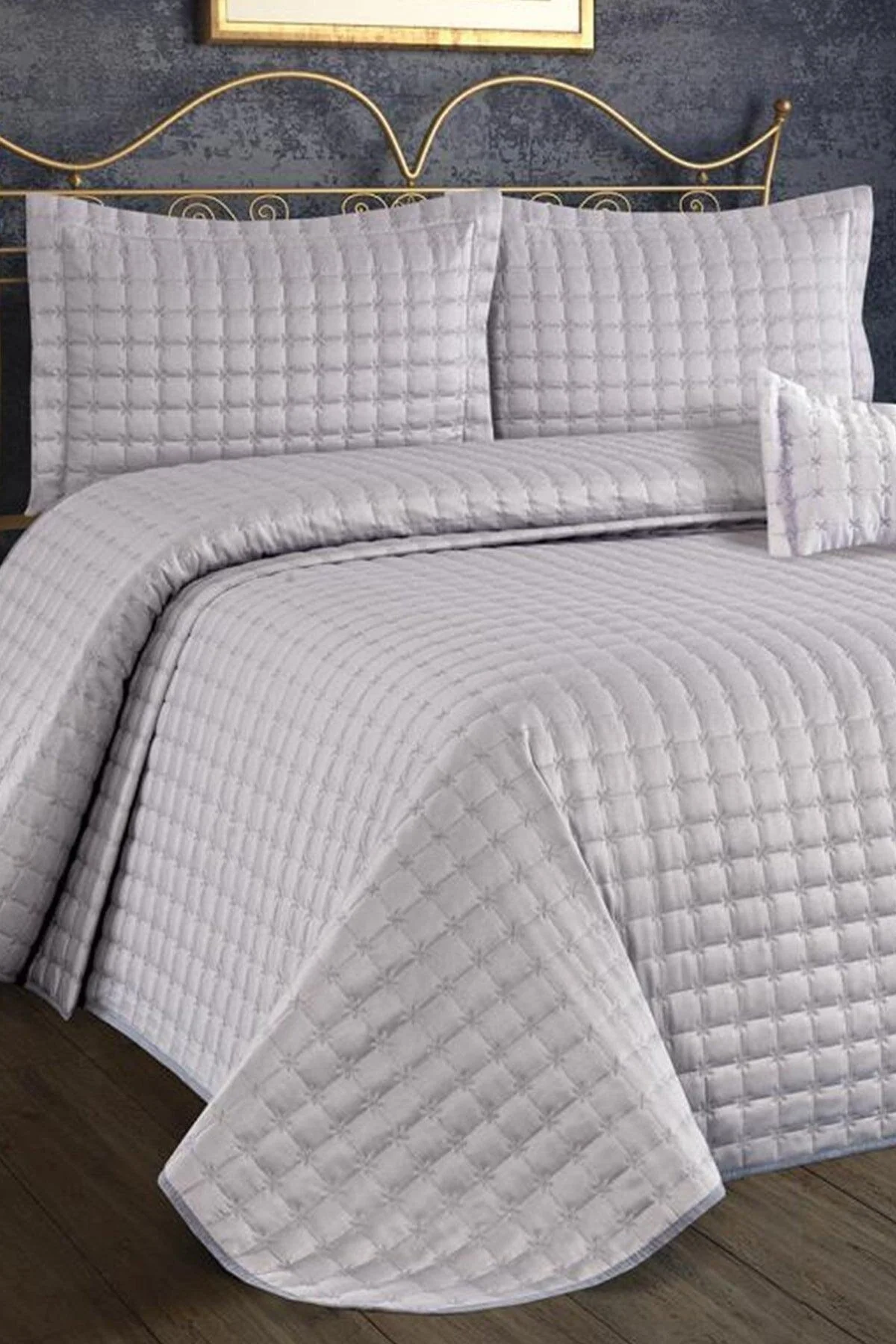 Gray Double Bedspread Set with 2 Pillowcases - Soft Cotton Satin with Fiber Fill