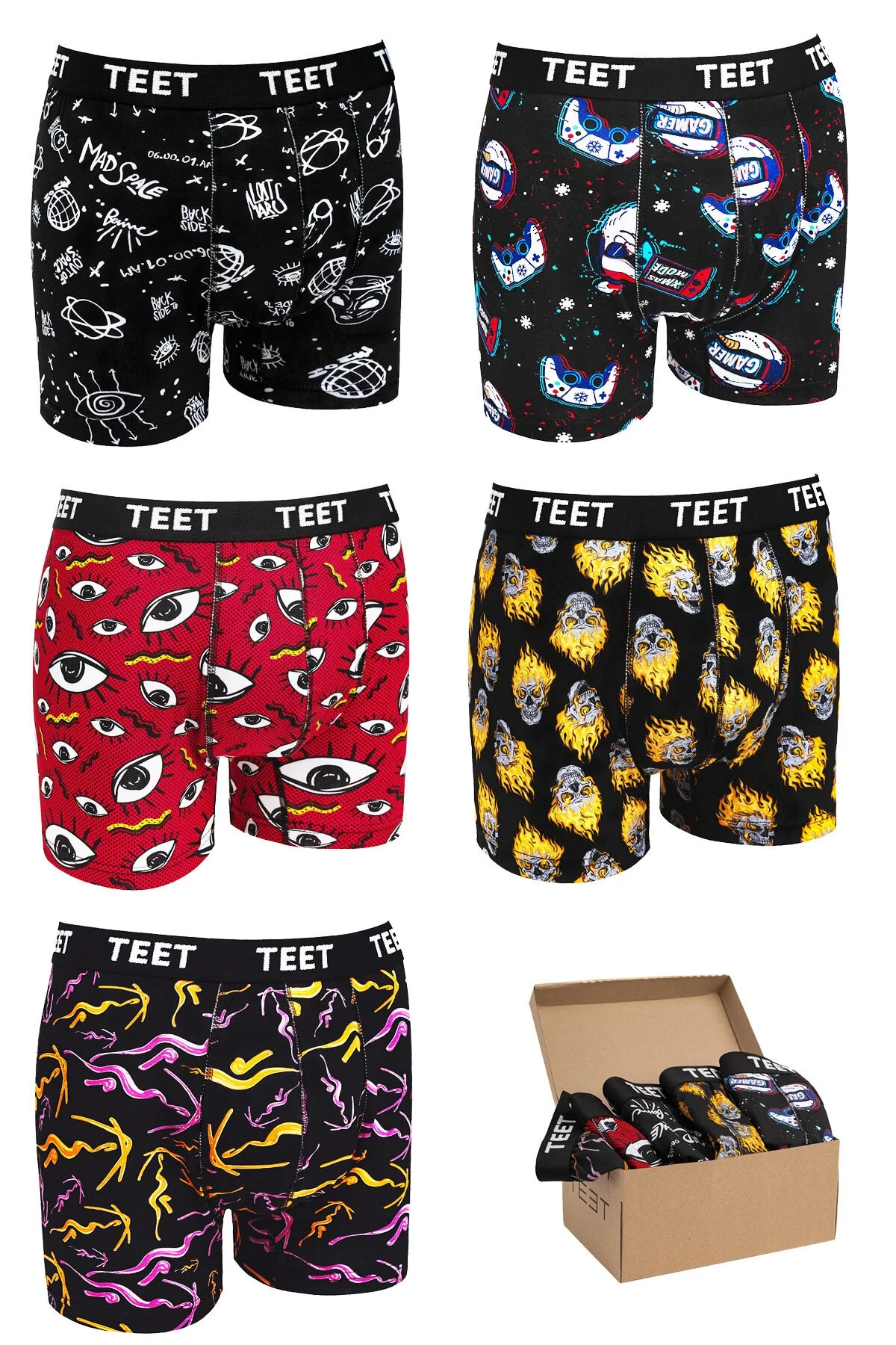 5-piece men's cotton boxer shorts with patterned designs