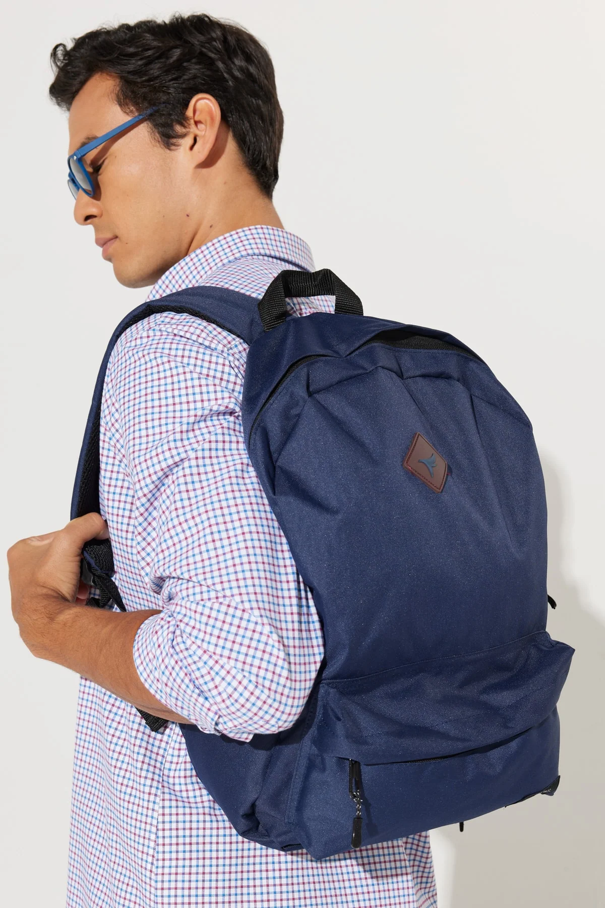 Navy blue polyurethane casual school backpack with logo detail