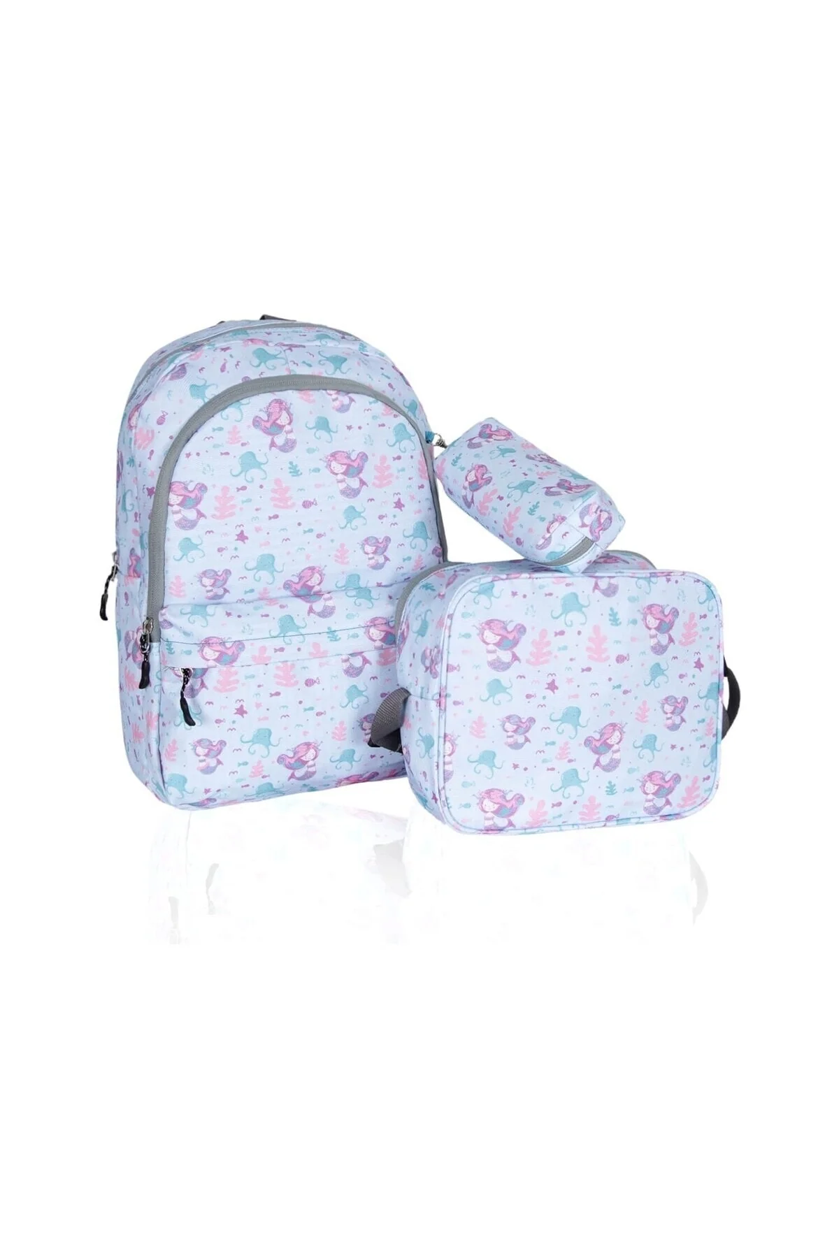 Mermaid patterned triple school bag set with lunch box and pen holder
