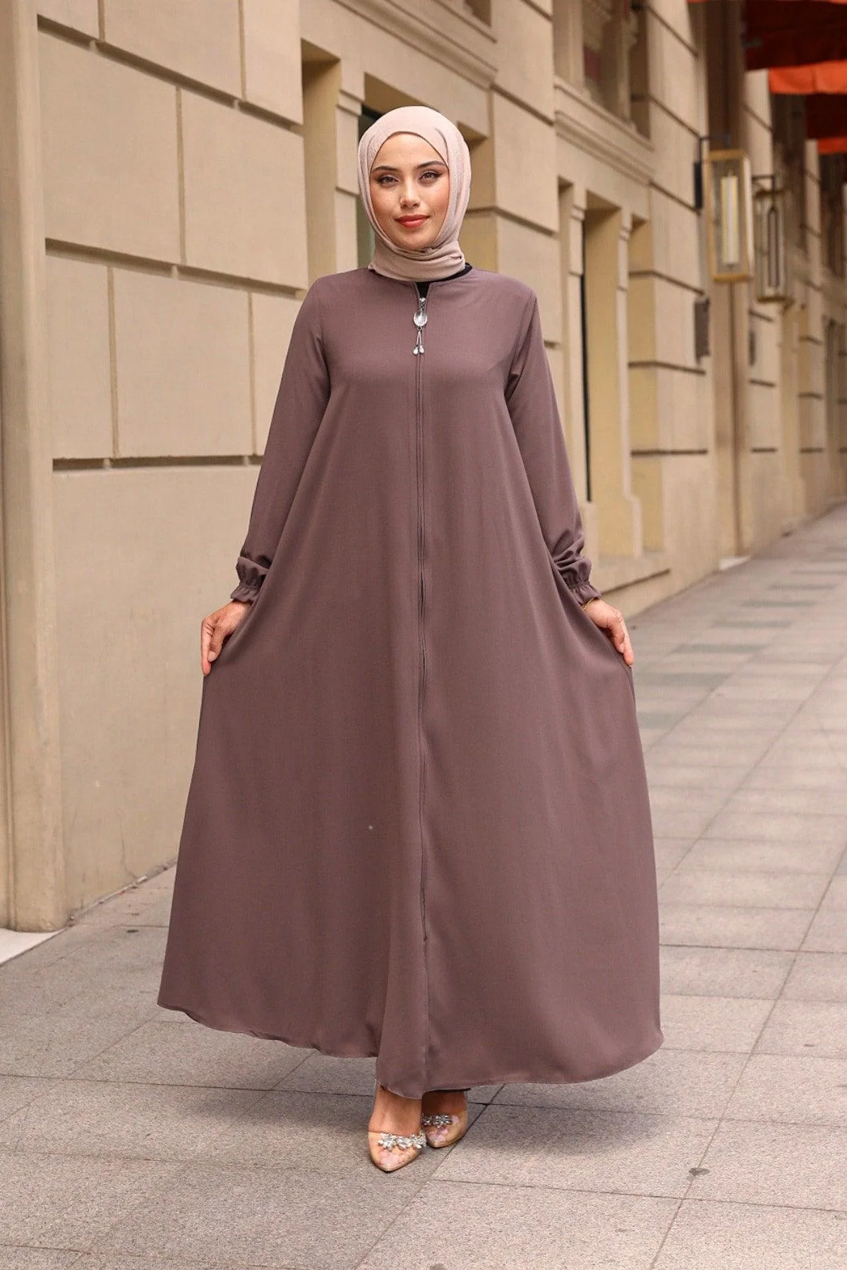 Double-layered mink-colored abaya with tailored fit for full coverage