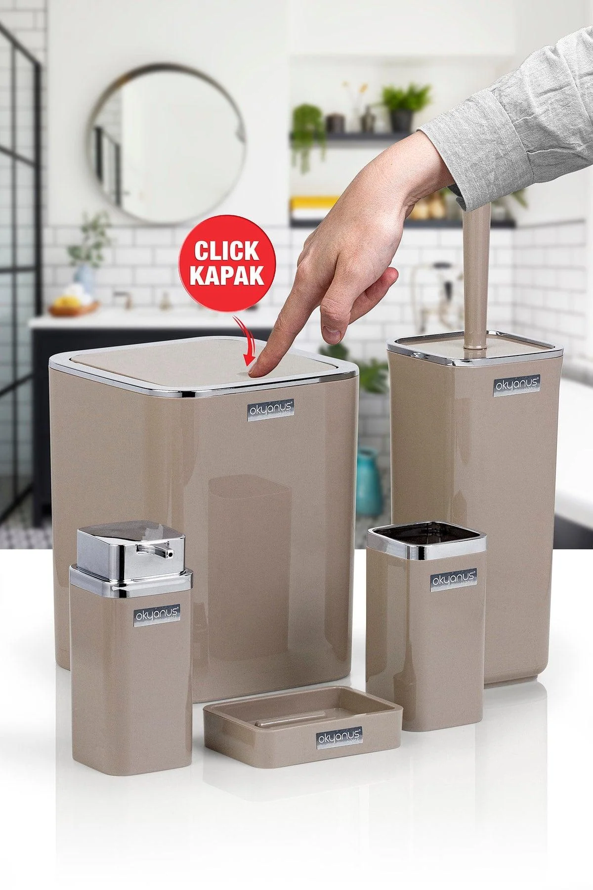 Mink chrome bathroom organizer set with dustbin and toilet brush