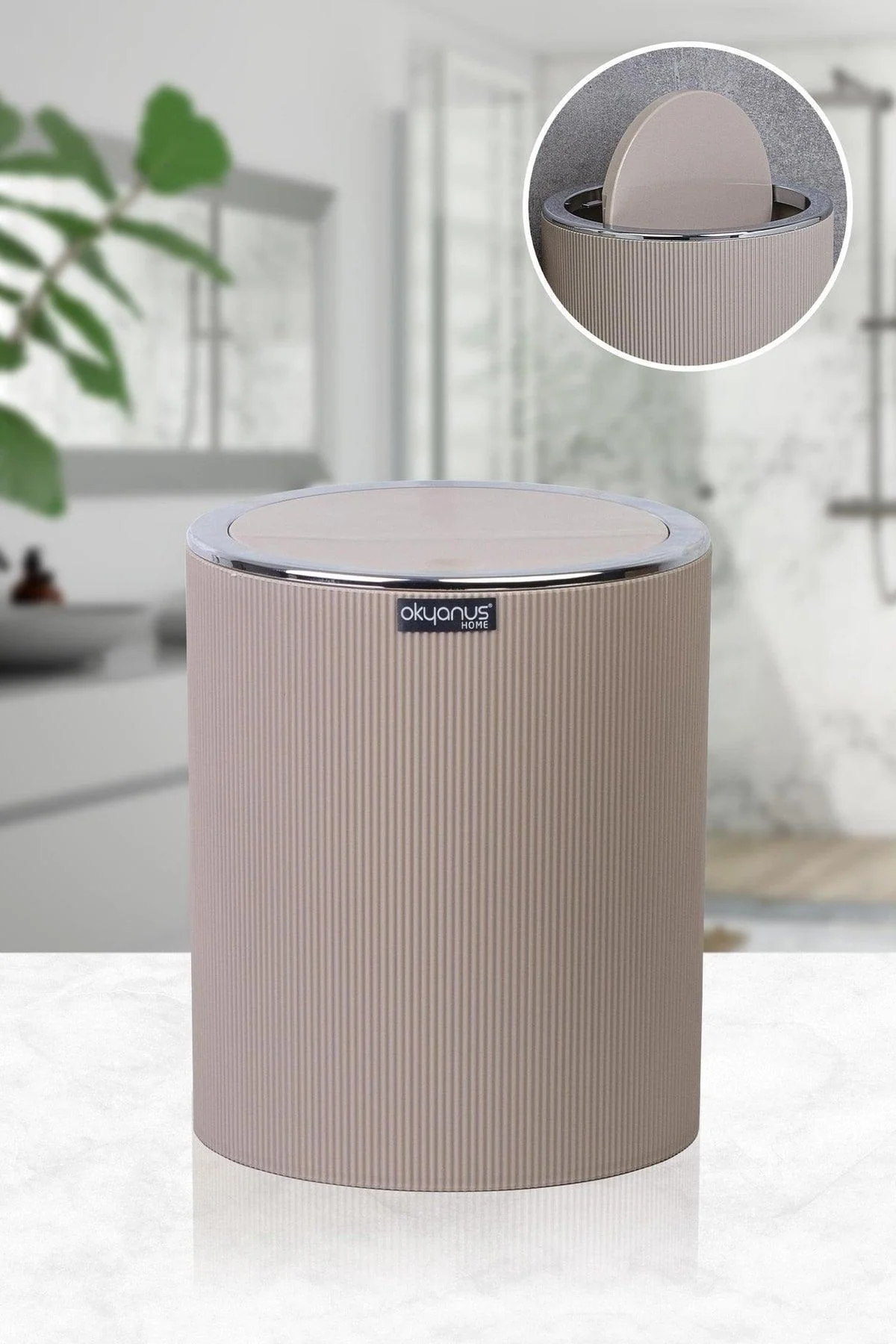 Round Mink Striped Bathroom Waste Bin