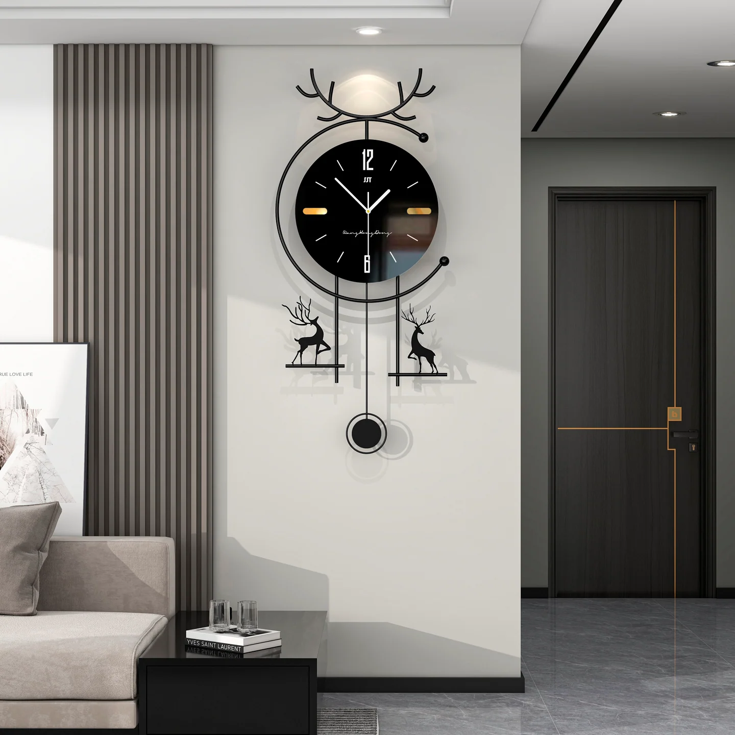 Modern Black Wall Clock with Deer Pendulum