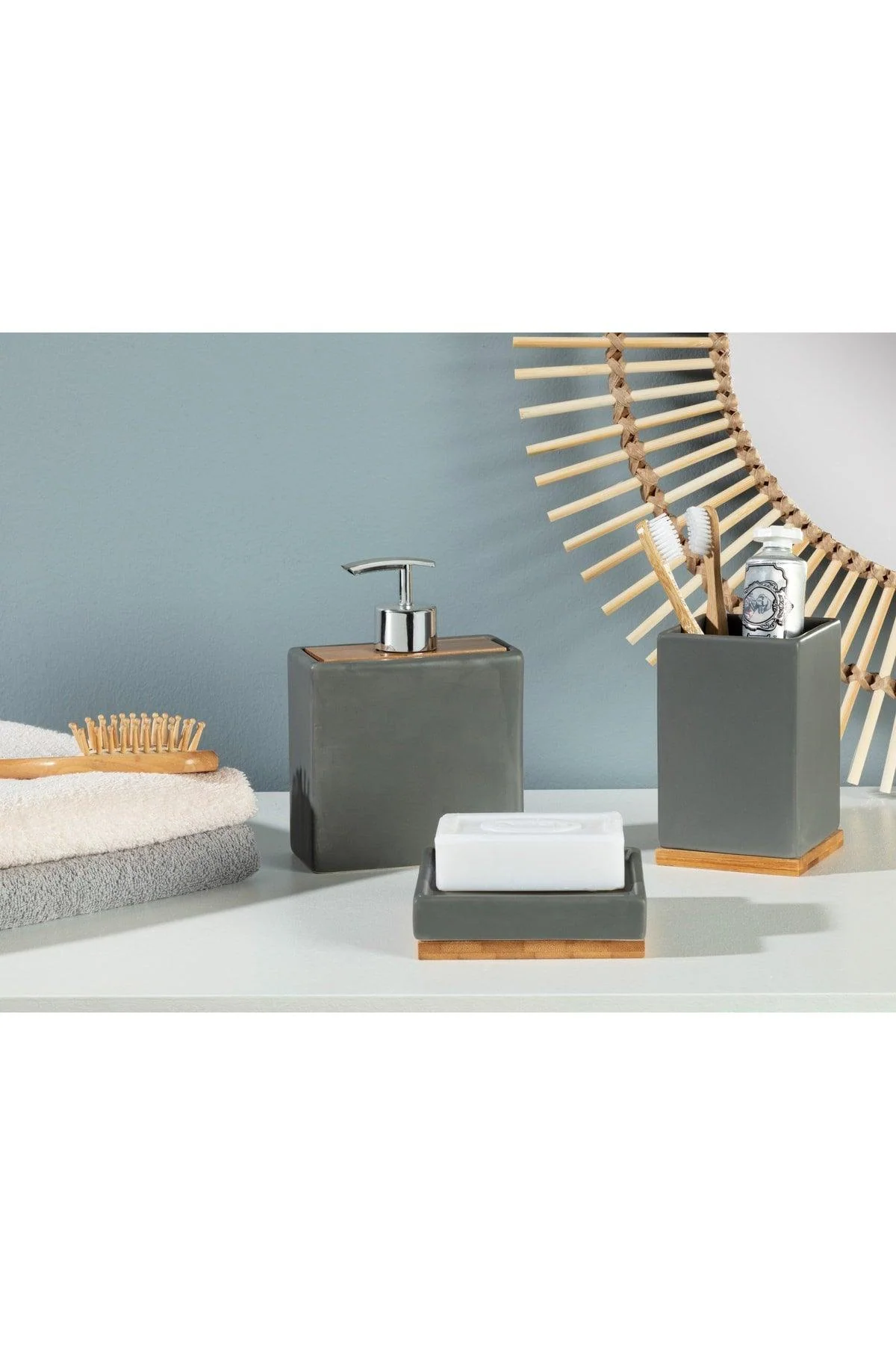 Anthracite ceramic bathroom set with soap dispensers and toothbrush holder