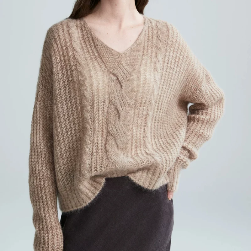 Mohair V-neck Cable Knit Sweater