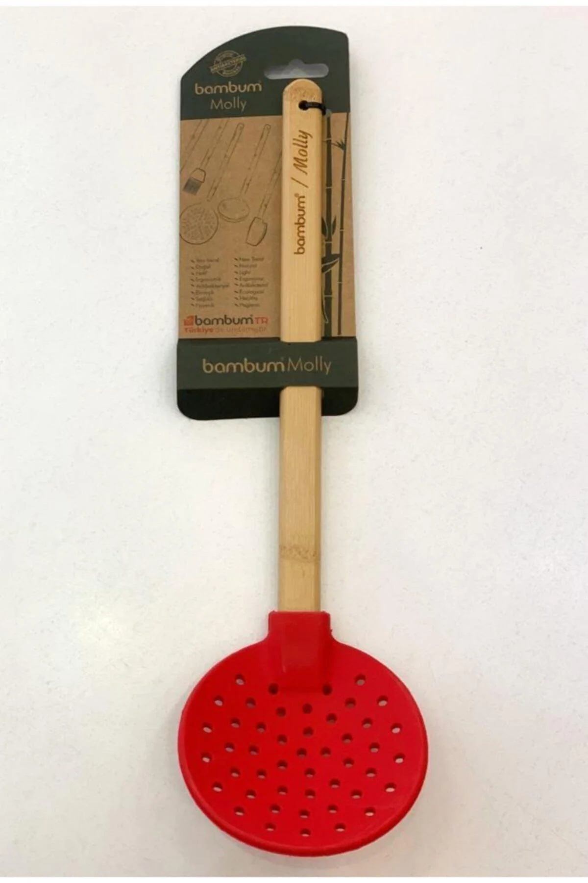 Red plastic colander with drainage holes