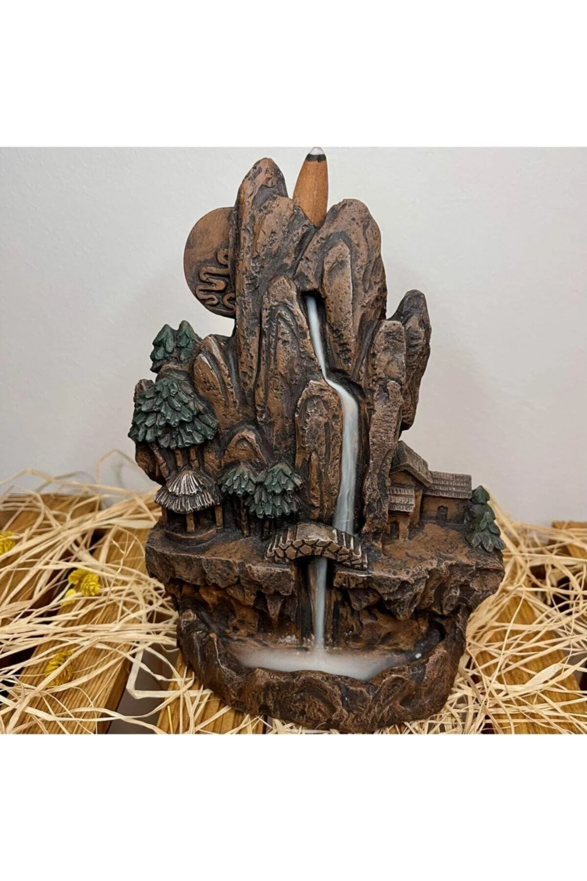 Hand-painted backflow incense holder with natural stone base