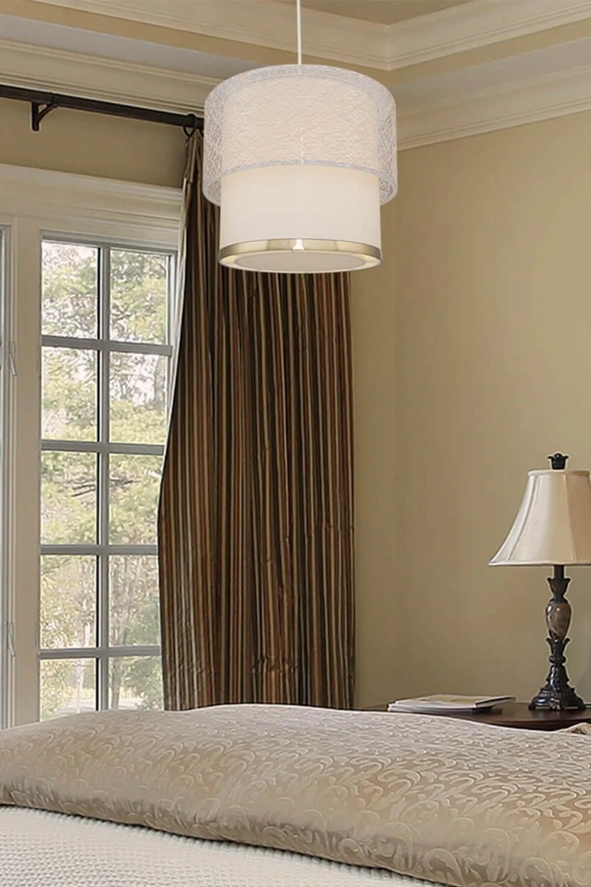 Cream fabric pendant light with adjustable height - 82cm total