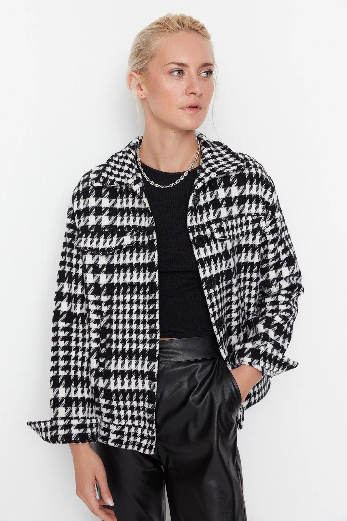 Multi-color button-up jacket with stamp fabric design