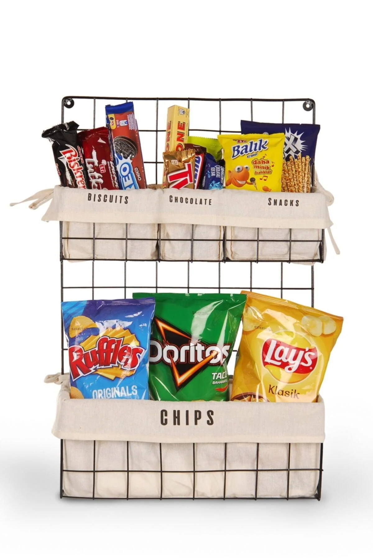 Two-tier wire basket with textile print for kitchen storage